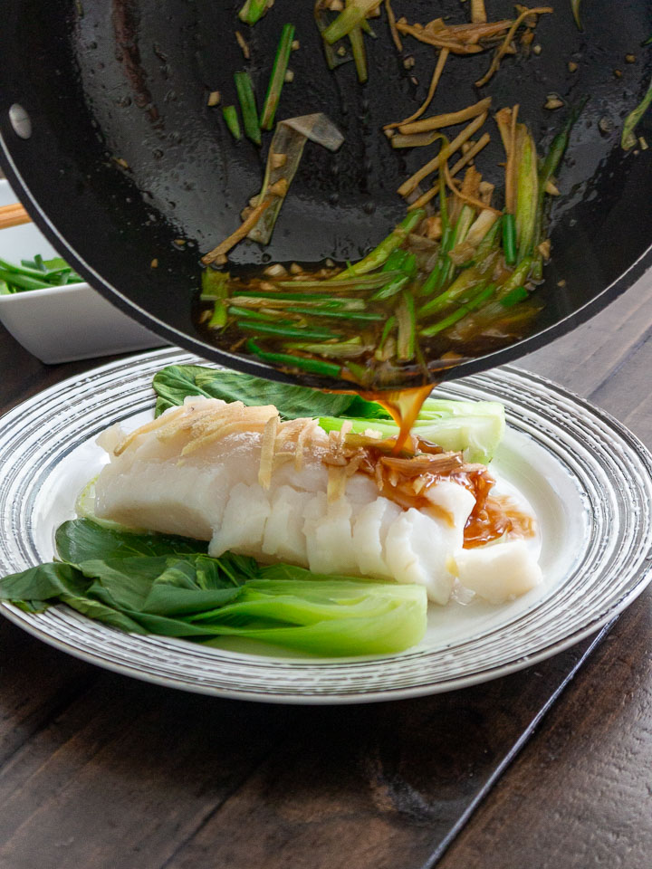 Asian Sauce poured over the steamed fish.