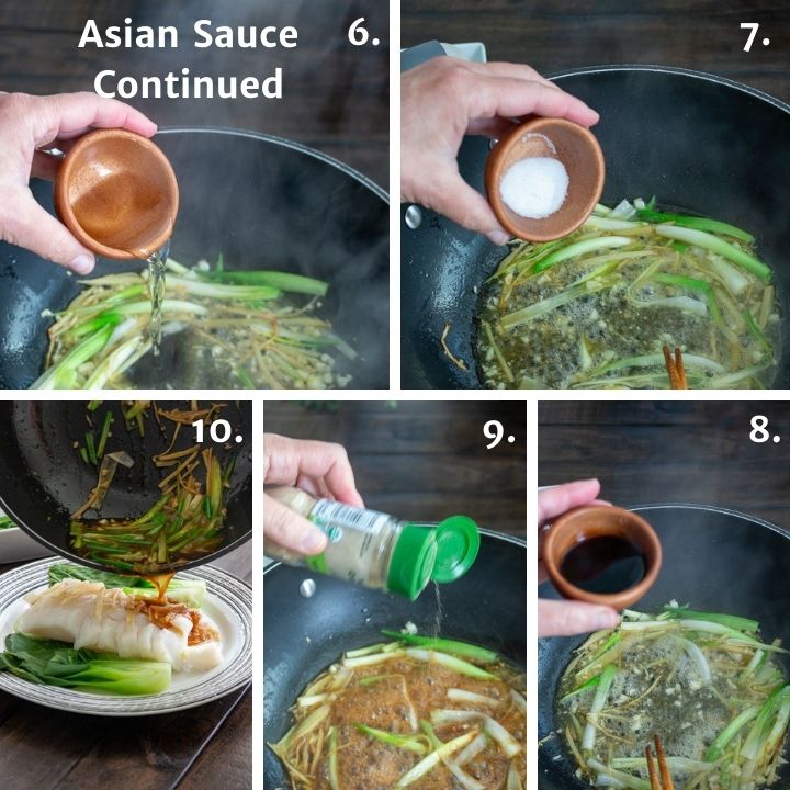 Steps 6 through 10 for making Asian steamed fish.