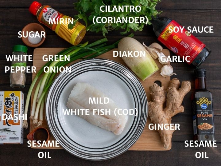 Ingredients used to make steamed Asian fusion cod.