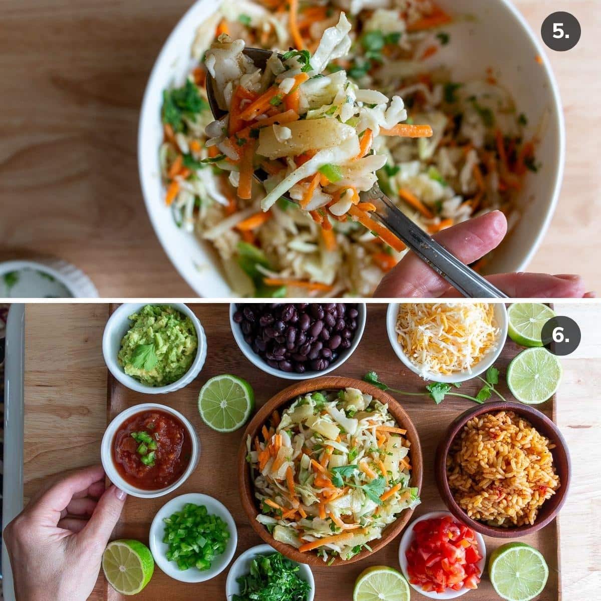 A bowl of pineapple slaw and all the toppings in little dishes ready to serve.