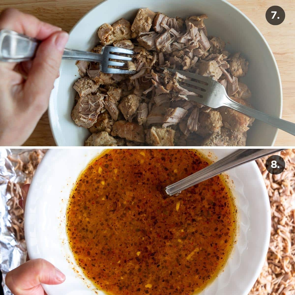 Shredding pork carnitas with two forks and a bowl of the reduced citrus sauce.