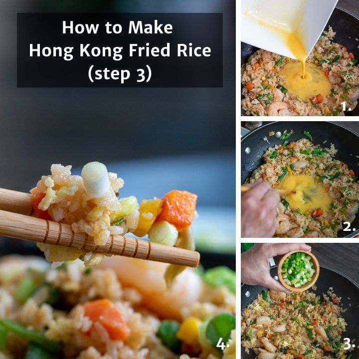 Step by step showing how to make the well and add the egg to fried rice.