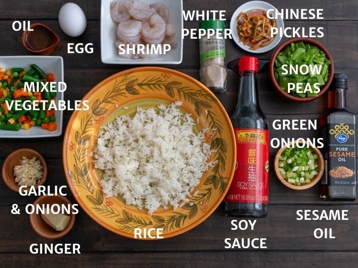 List of ingredients for Cantonese fried rice.