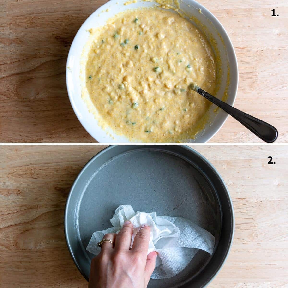 Jiffy corn muffin mix mixed with applesauce  and dairy free buttermilk and greasing the pan. 