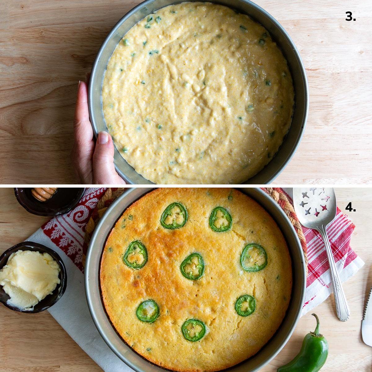 Prepared cornbread batter place in the cake pan and the air fried golden brown cornbread hot out of oven.