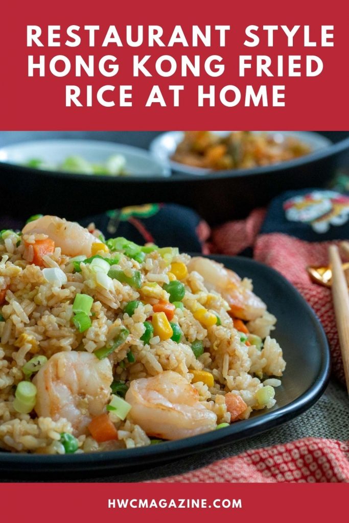 Make resturant style Cantonese fried rice at home with a photo of shrimp fried rice in a black bowl.