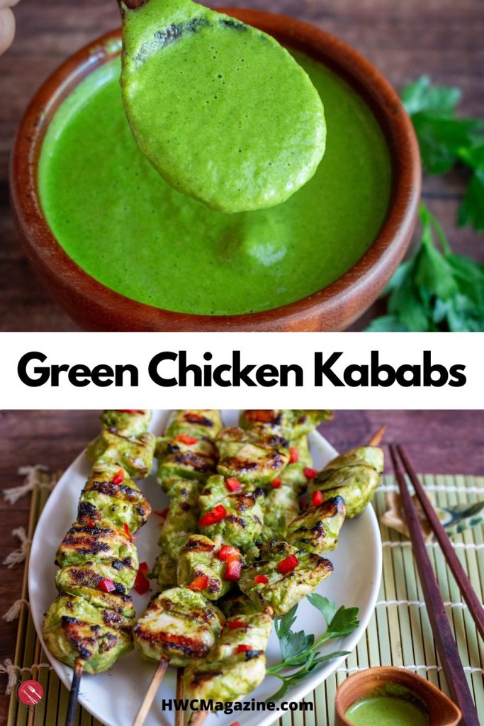 Top photo of Magic Green Marinade and bottom of the grilled green chicken kabab.