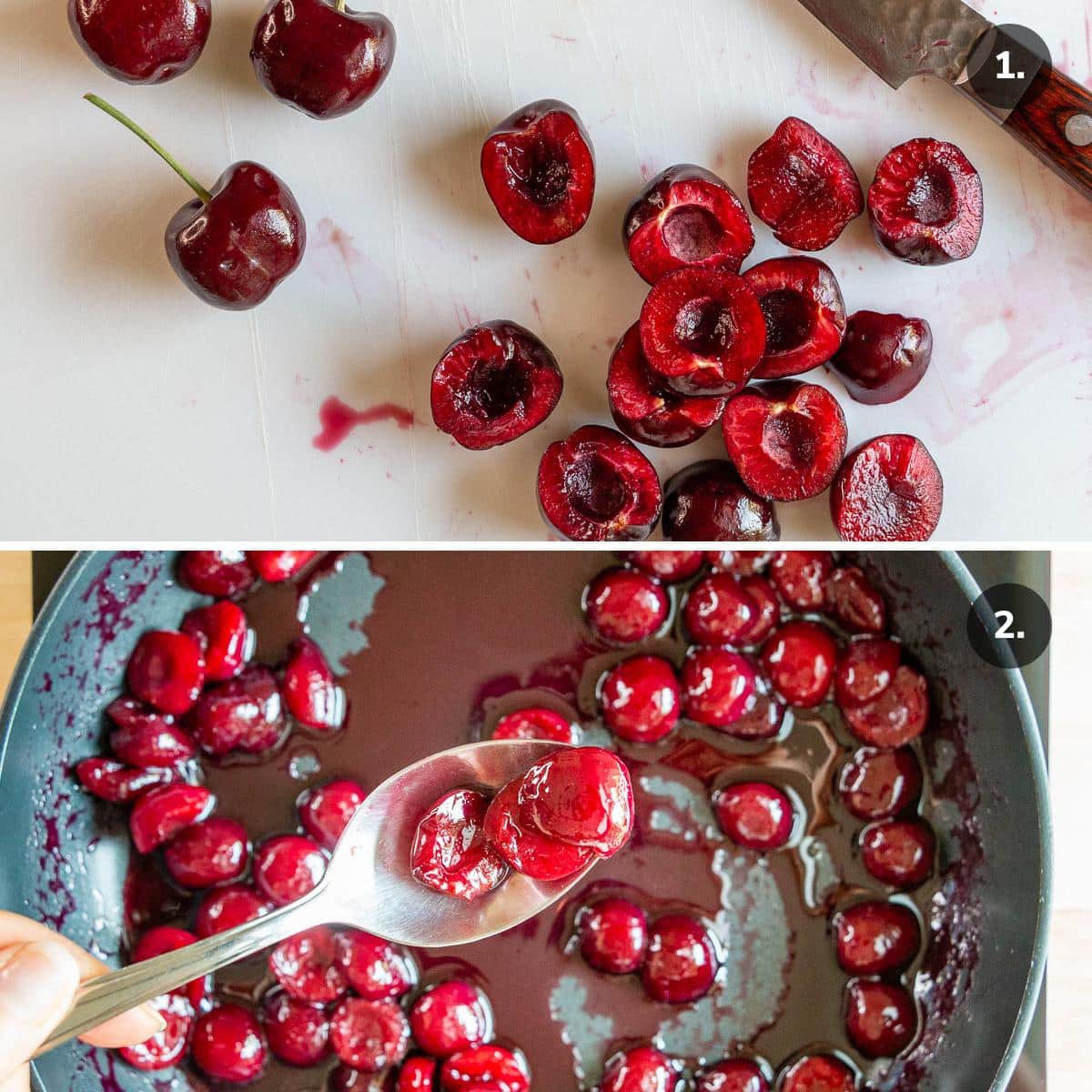 Pitting the cherries and making the boozy cherry compote.