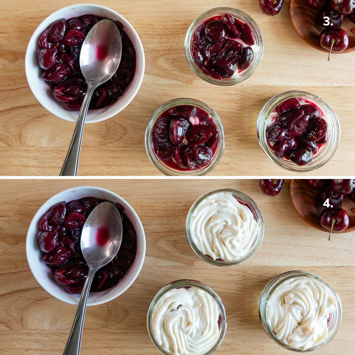 Adding boozy cherry compote on top and then another layer of cheesecake mousse in the jars.