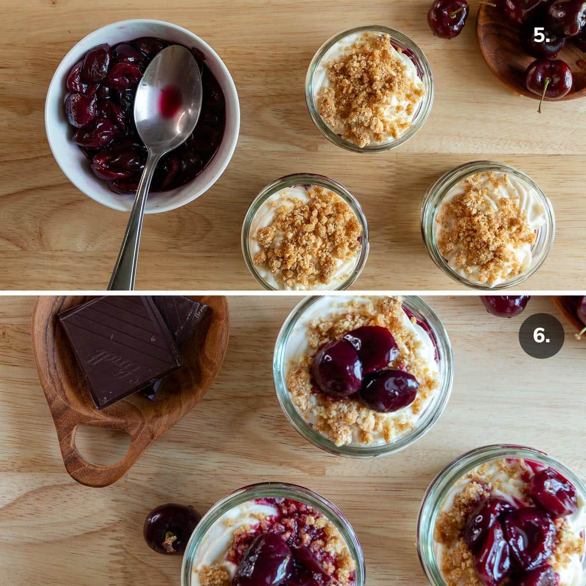 Repeating the layers of graham cracker crumble and more alcohol soaked cherries on top of the individual cheesecake desserts.