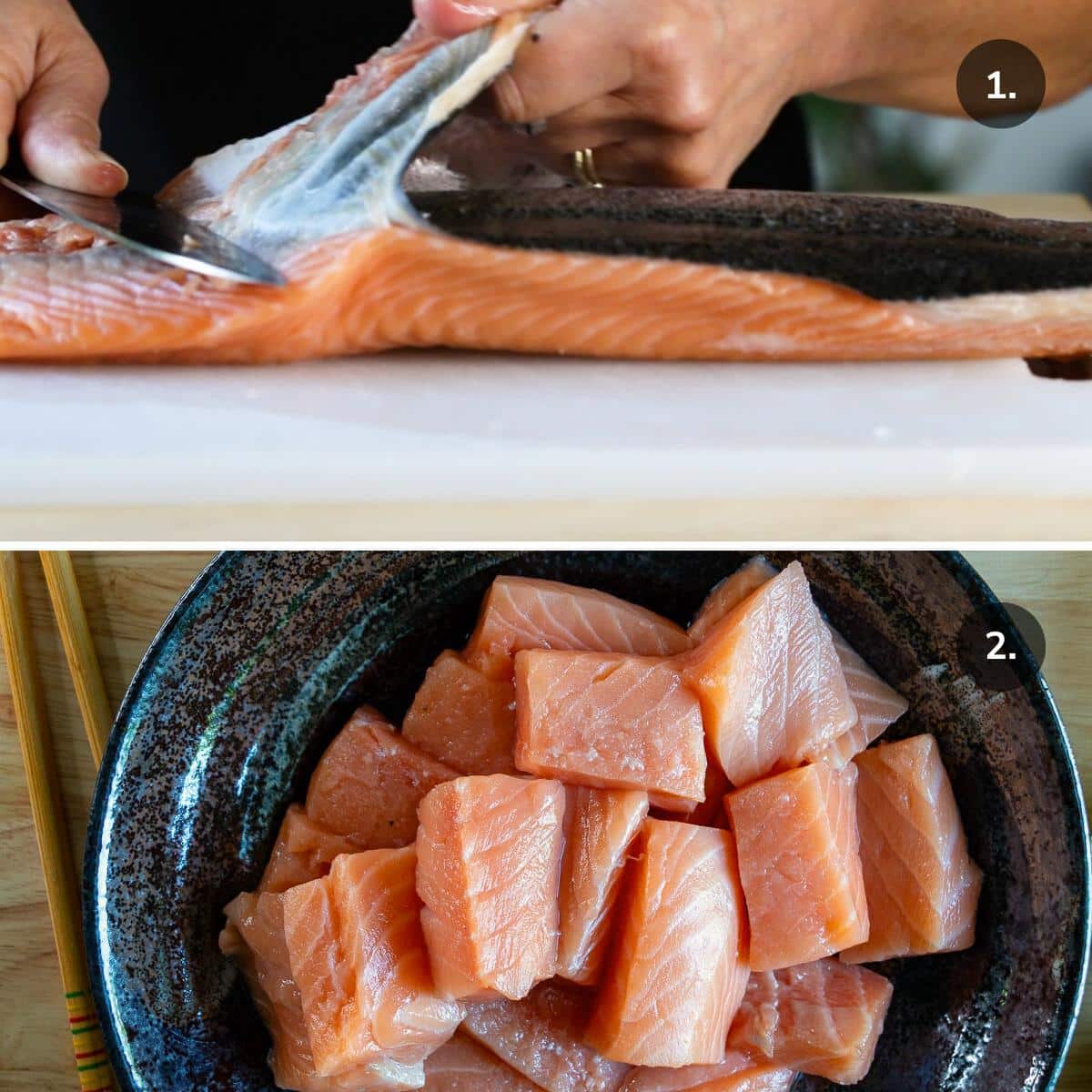 Removing the skin from salmon fillet and cutting the salmon into cubes.