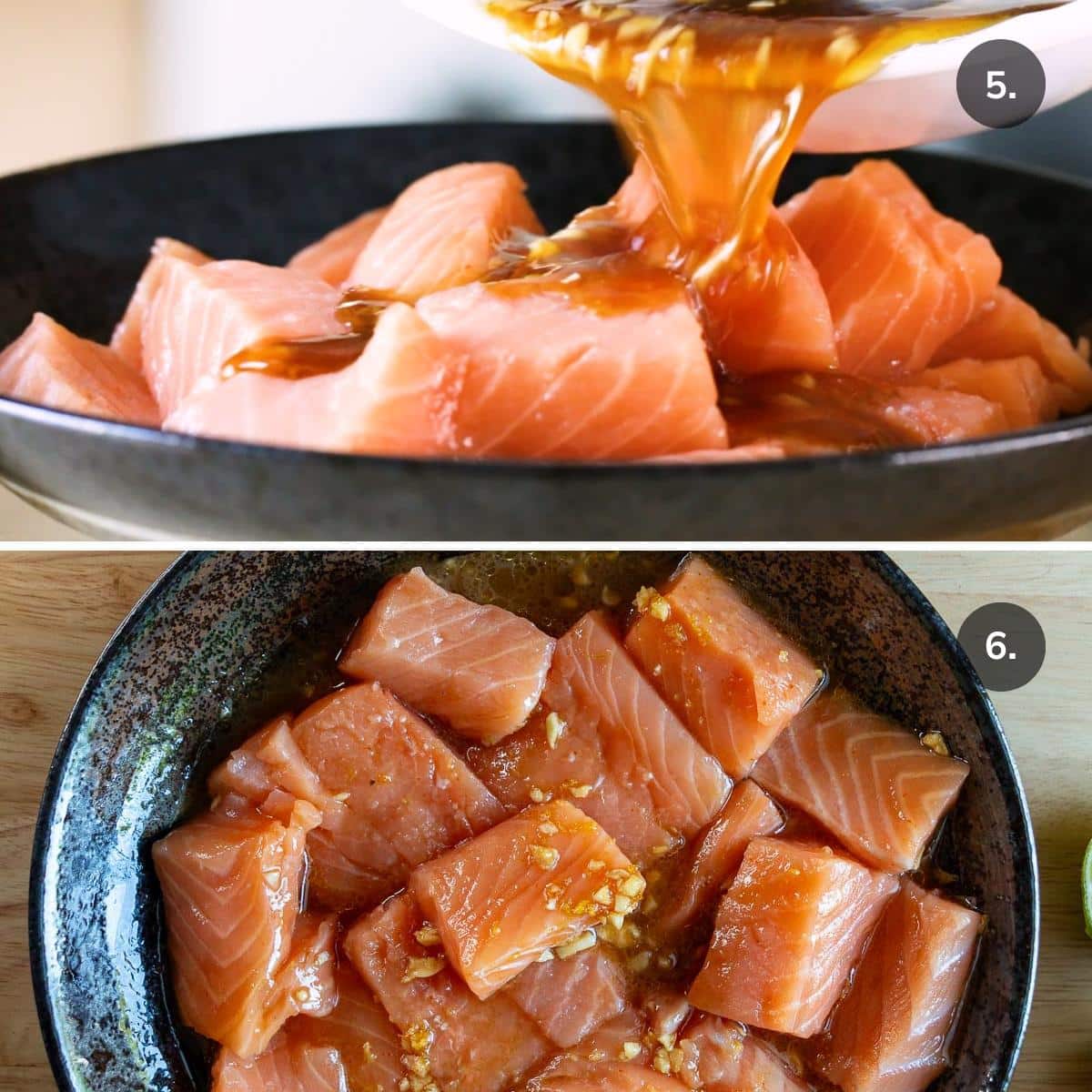 Add the orange marinade to the raw salmon fish cubes. 
