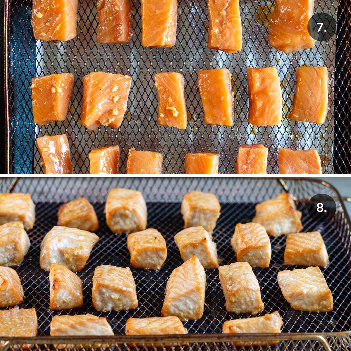Salmon bites on the air fryer tray before and after air frying. 