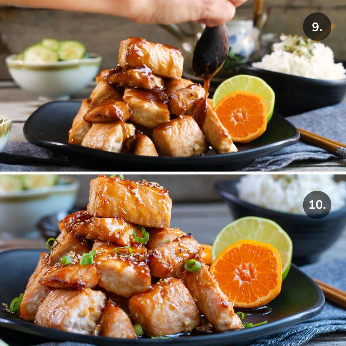 Sticky, sweet and spicy orange glaze getting poured over the air fried salmon bites. 