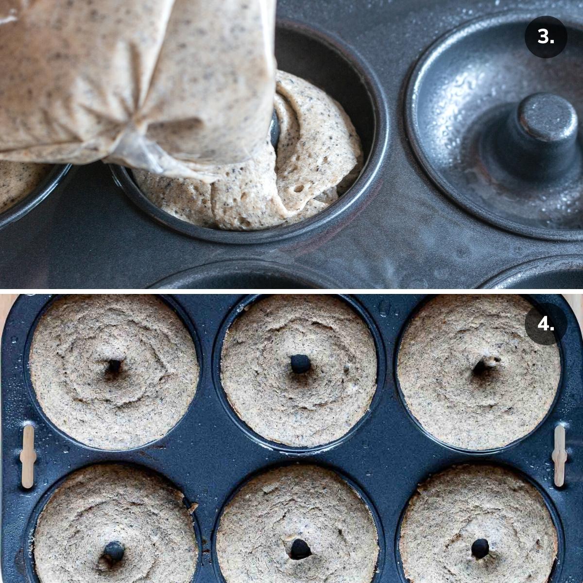 Donut batter getting piped into donut wells and baked mochi donuts in baking tray.