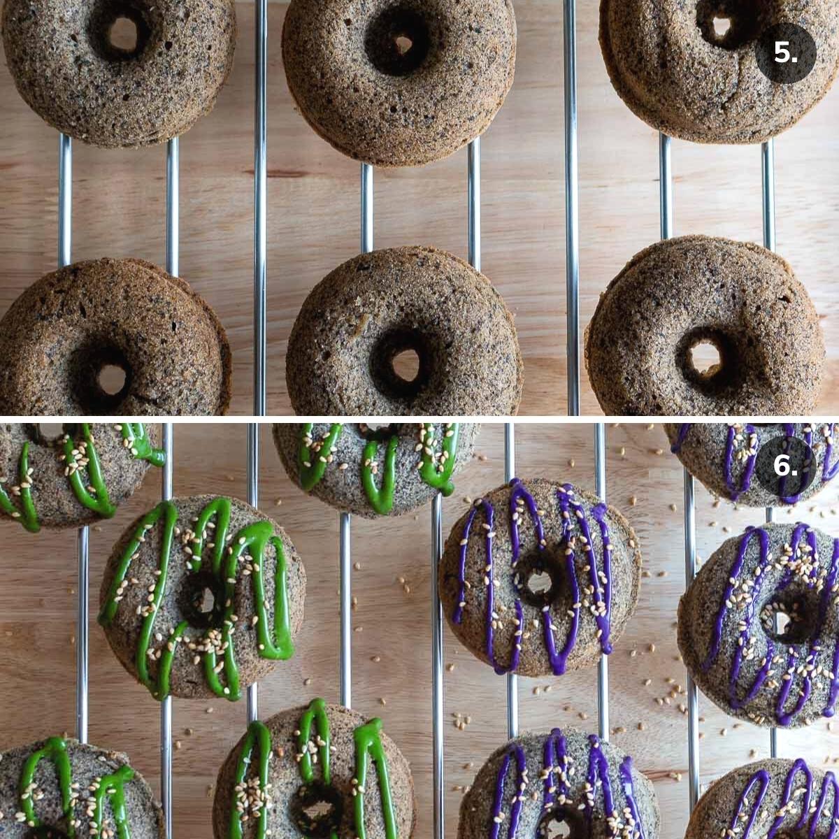 Baked donuts cooling on a wire rack plain and glazed matcha and ube glazed donuts.