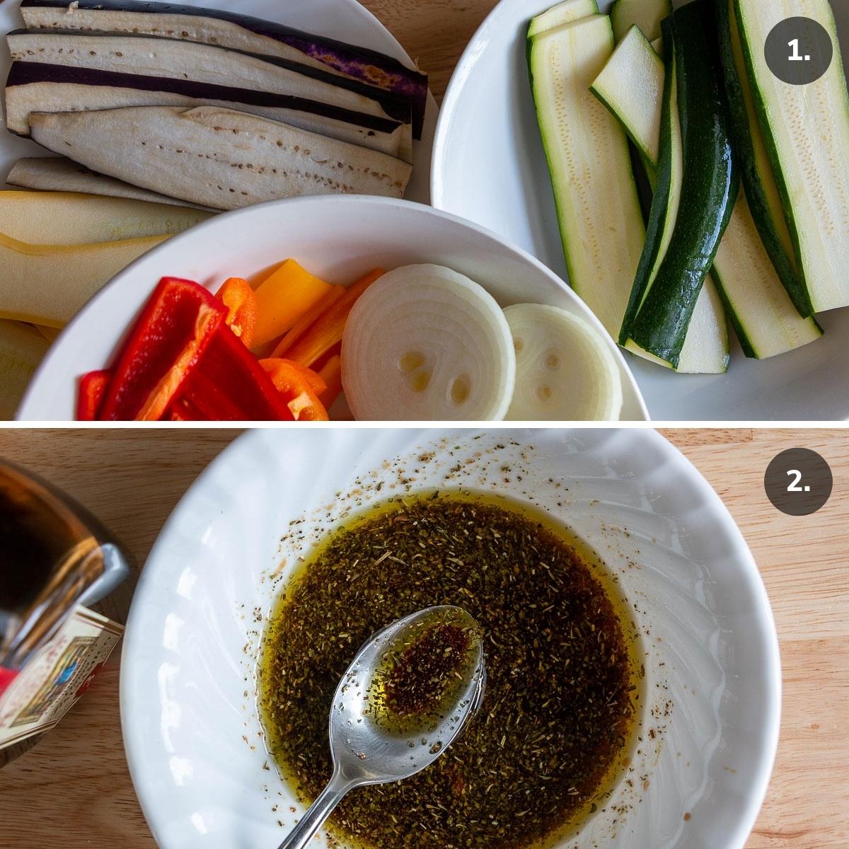 Slicing vegetables and making the balsamic vegetable marinade.