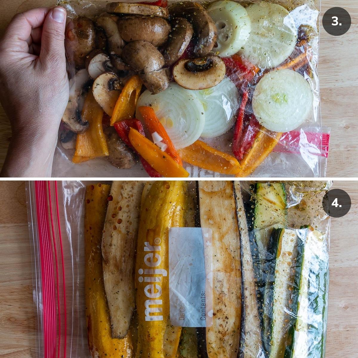 Marinating Mediterranean veggies in 2 separate baggies.