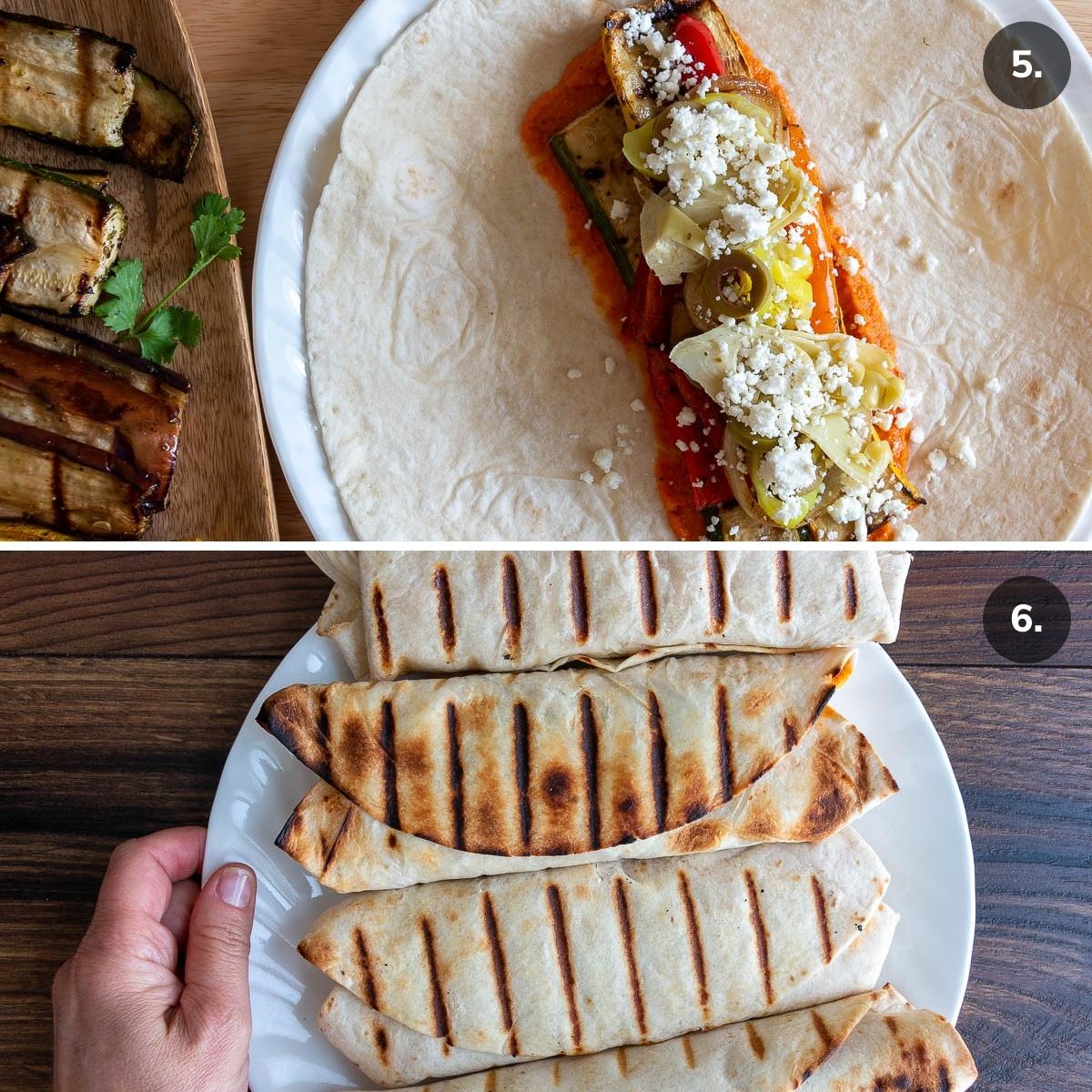 Assembling Mediterranean Veggie Wraps and grilled to perfection and placed on a white plate.