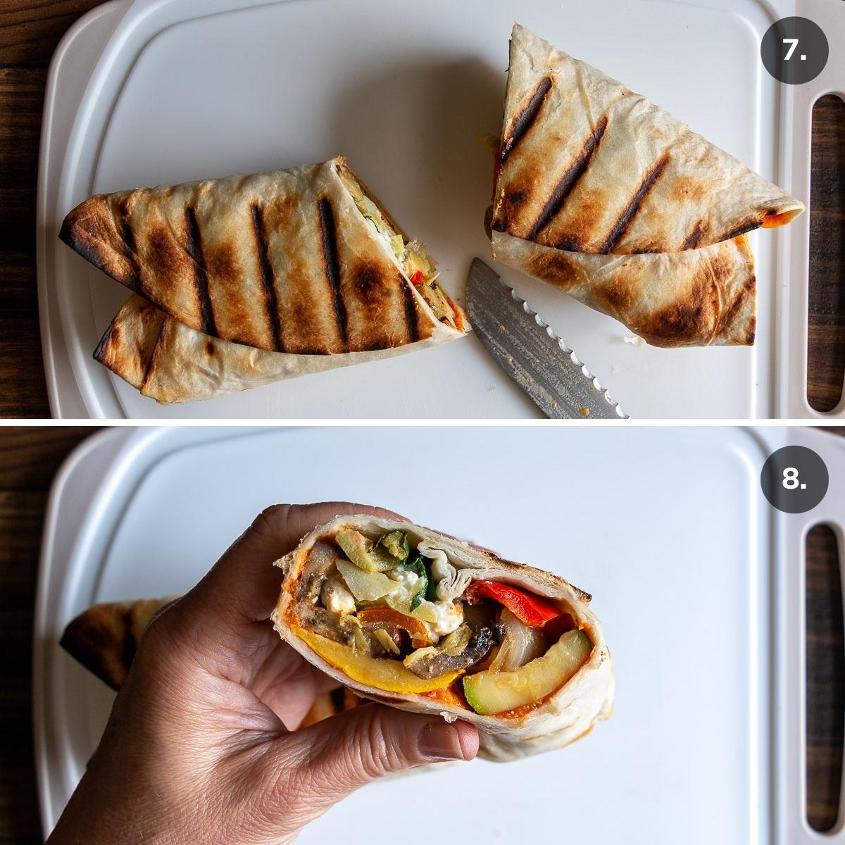 Grilled veggie wrap sliced in half and showing all the delicious filings inside. 