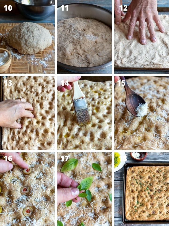 Step by Step how to decorate focaccia bread and bake it.'