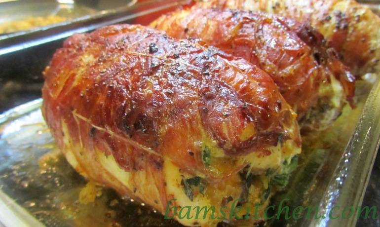 Prosciutto wrapped stuffed chicken breasts hot out of the oven.