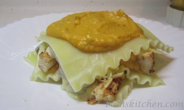 Topless Butternut Ravioli with Sauteed chicken and a creamy wild mushroom sauce 