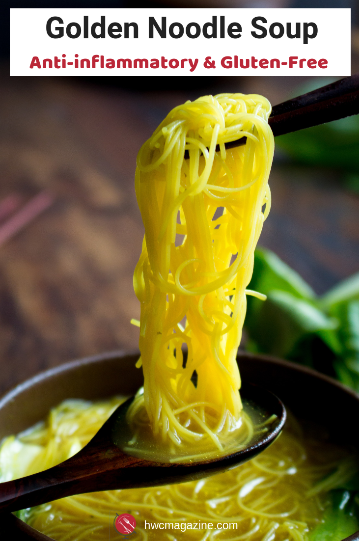 Enjoying a delicious bowl of Golden Spiced Noodle Soup is just like getting a big hug from your mom. Filled the brim with gluten free rice vermicelli noodles snuggled in a bath of nourishing bone broth, aromatics and anti-inflammatory turmeric. Less than 15 minutes and dinner is ready! #glutenfree #noodleswithoutborders #noodles #easyrecipe #soup #turmeric #healthyliving #thai / https://www.hwcmagazine.com