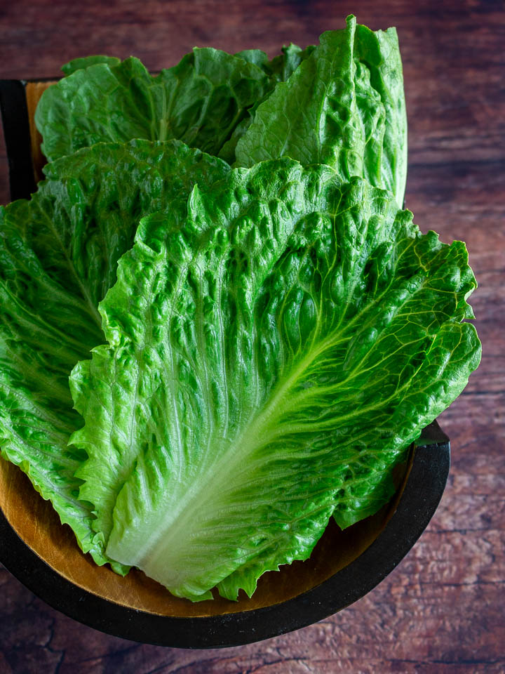 Washed, cut and prepared Romaine lettuce leaves.