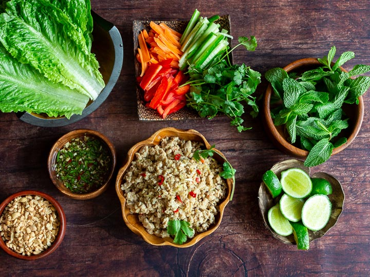 Displaying all of the lettuce wrap ingredients on a table ready to be served for guests to make their own.