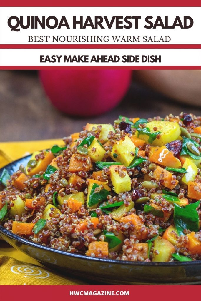 Huge bowl of Quinoa Harvest Salad an easy make ahead side dish in a black bowl.