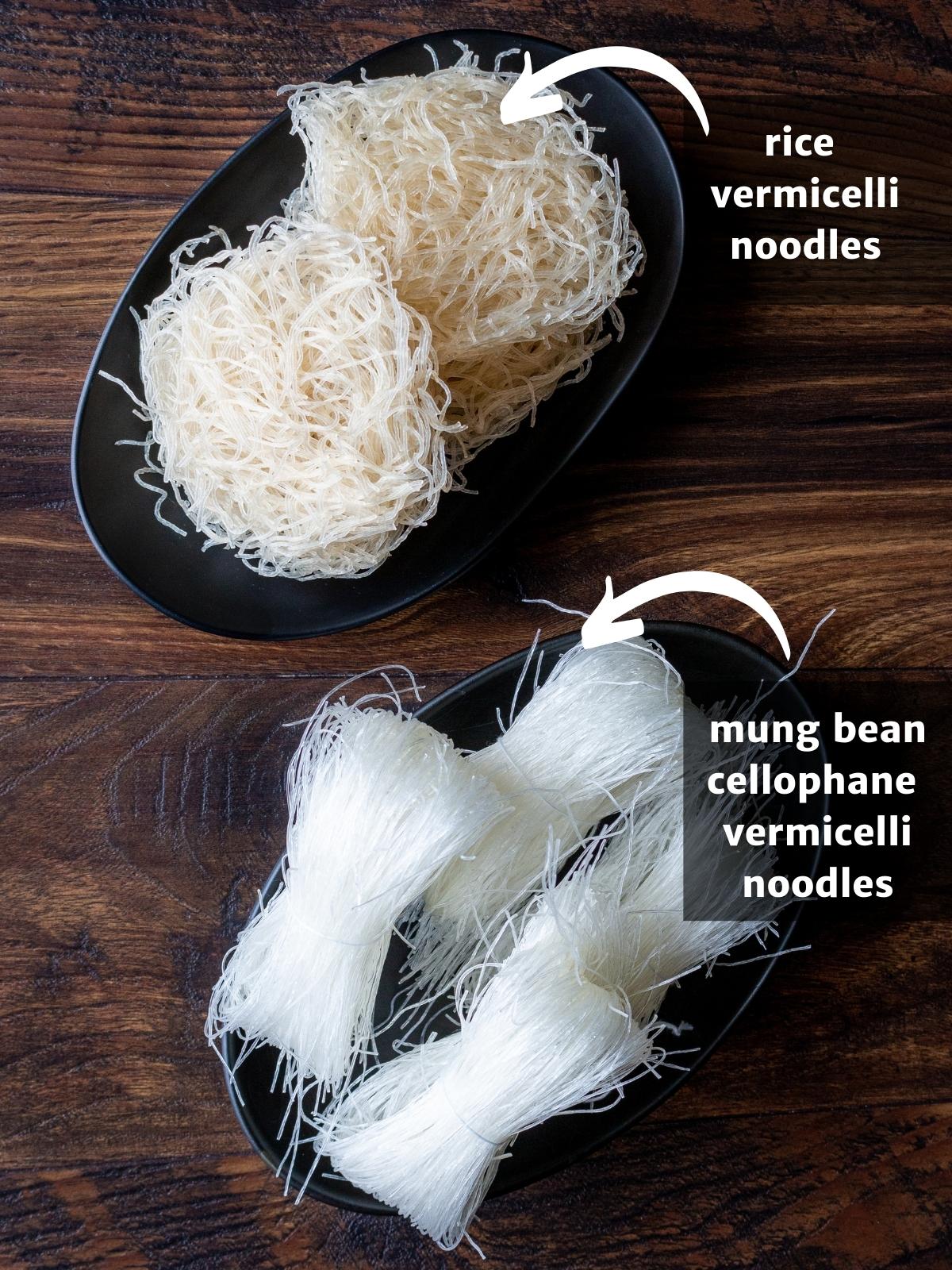 A comparison photo showing the difference between rice vermicelli compared to mung bean vermicelli.