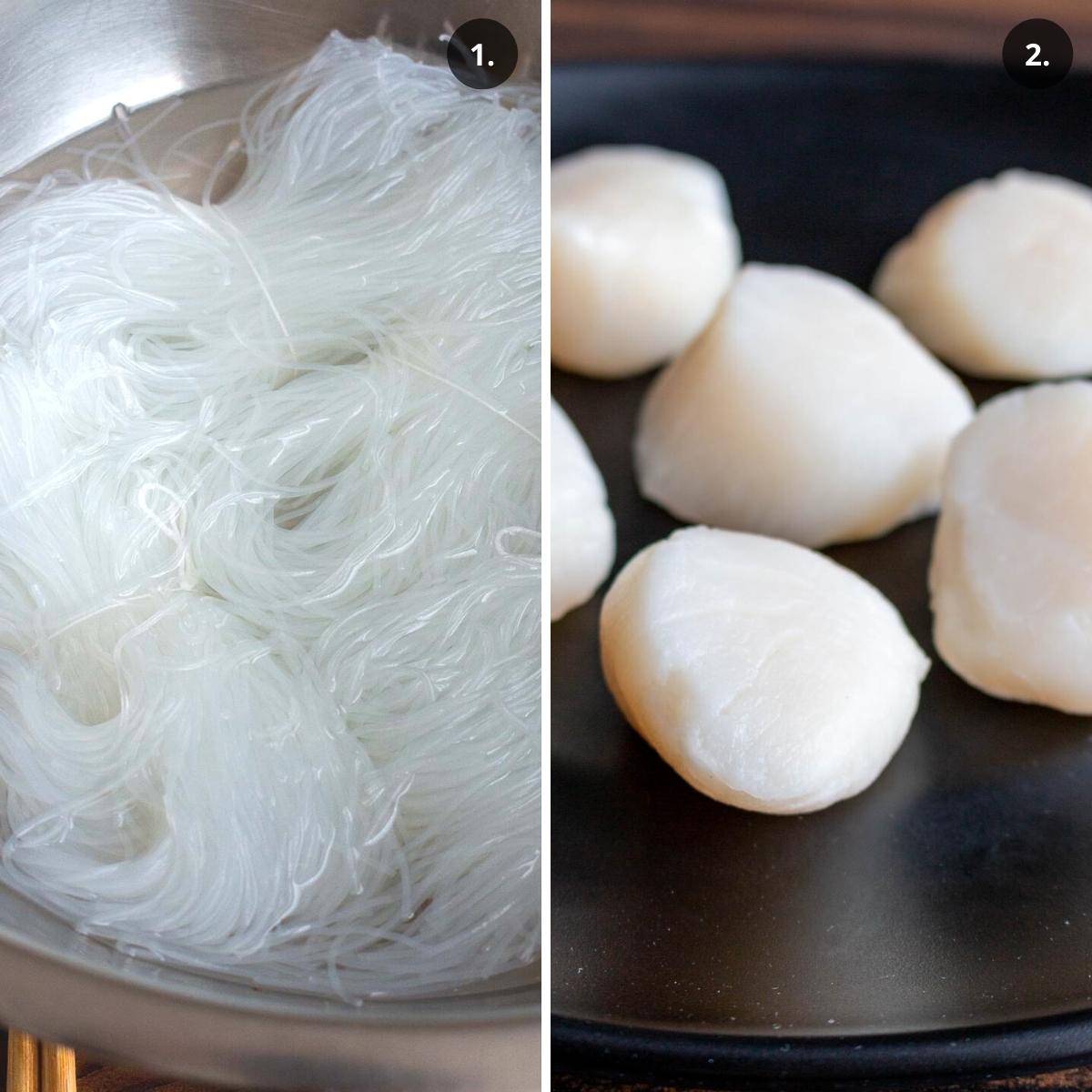 Soaking cellophane noodles and prepped raw scallops.