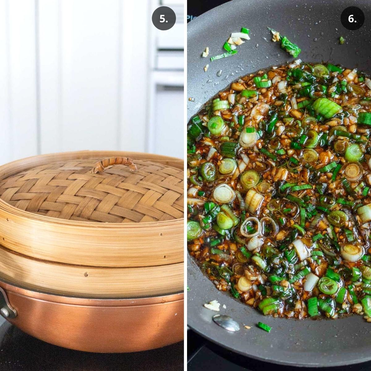 Scallops steaming in a bamboo steamer and garlic sauce sautéing.