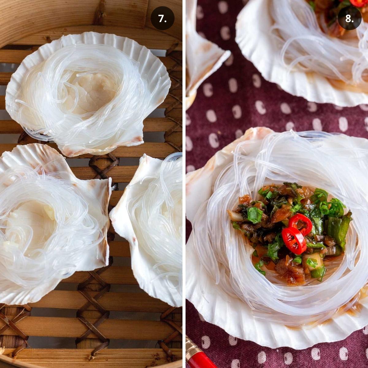 Steamed scallops garnished with garlic sauce and chilis.