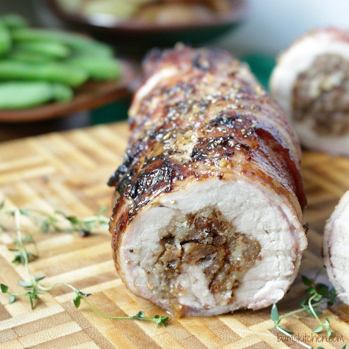 Bacon wrapped pork stuffed pork tenderloin