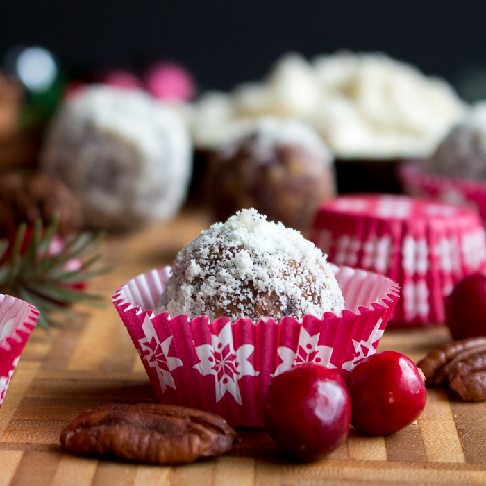 No Bake Cranberry Bliss Balls in little red candy cups.