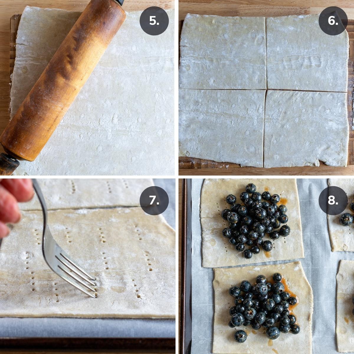 Rolling out puff pastry dough, cutting and putting in blueberry filling.