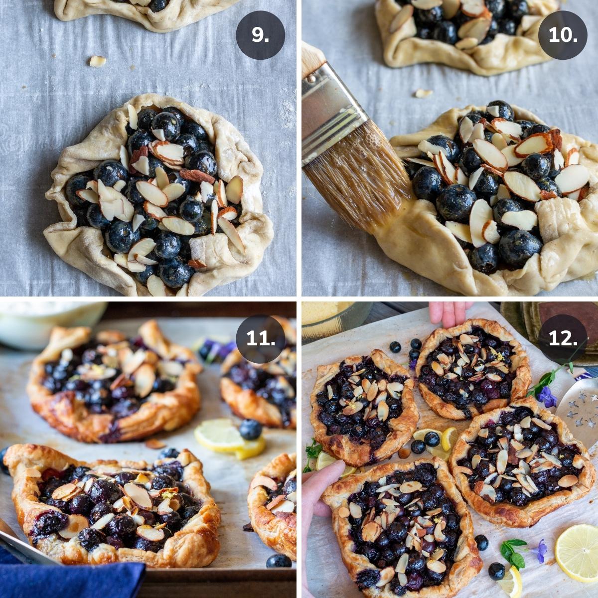 Mini blueberry puff pastry tarts formed, brushed with egg wash and baking.