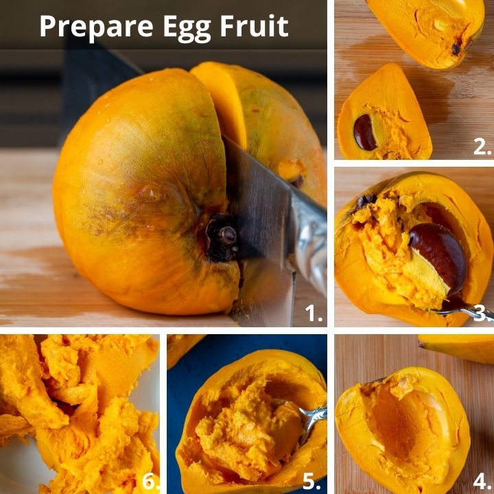 How to prepare fresh yellow sapote with step by step photos showing removing the pits and scooping out the flesh.