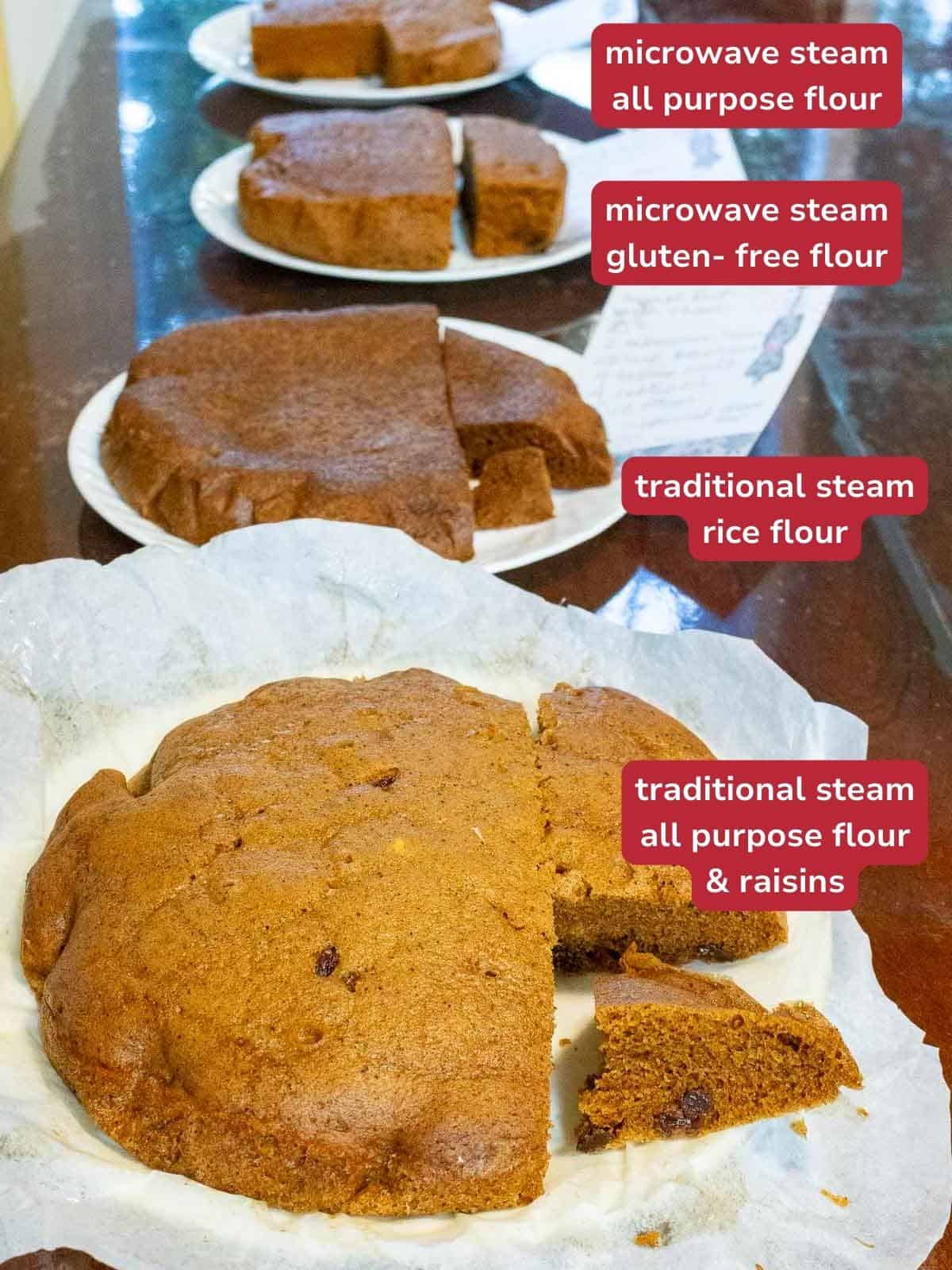 Testing of the recipe showing attempts made with rice flour, 1:1 gluten free flour, all purpose flour using both the traditional and microwave steaming methods. 