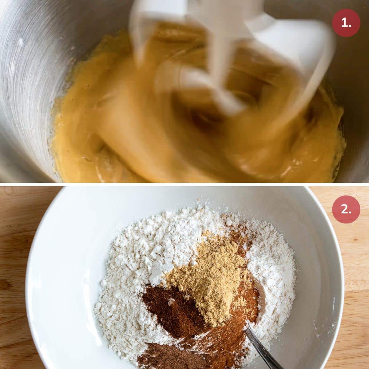 Whipping eggs and brown sugar until light and creamy and in a separate bowl combing the dry ingredients to make gingerbread.