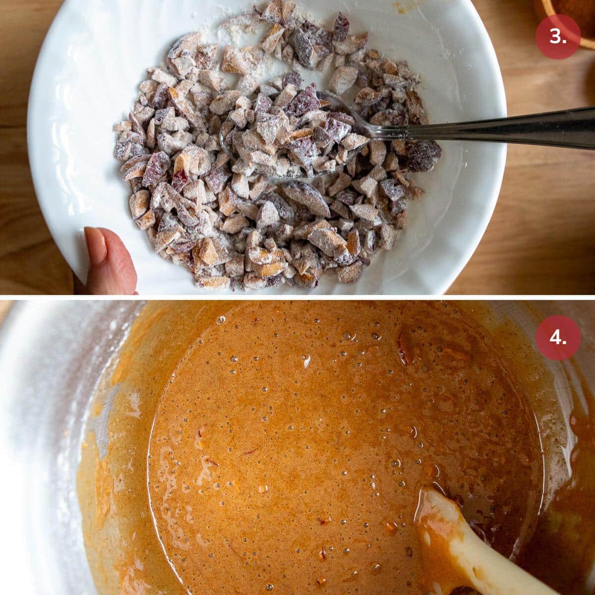 Mixing in a little gluten free flour into dried dates and mixing them into the wet gingerbread batter. 