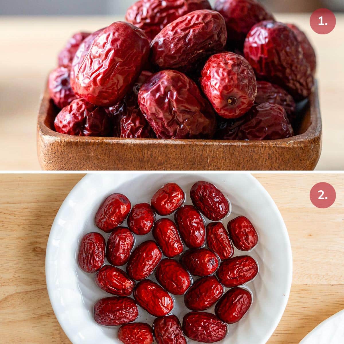 Dried hong zao (red dates) soaking in hot water to soften.