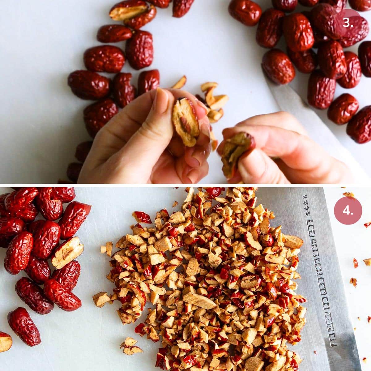 Removing the pit from red dates and chopping them.