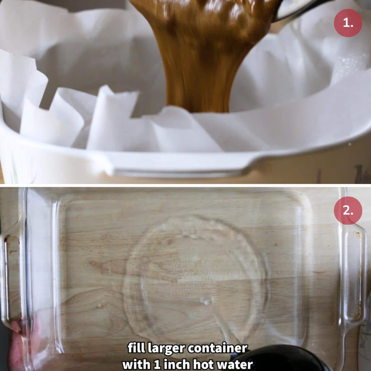 Pouring gingerbread into microwave dish and adding hot water to a larger dish to make a steam bath for the microwave.