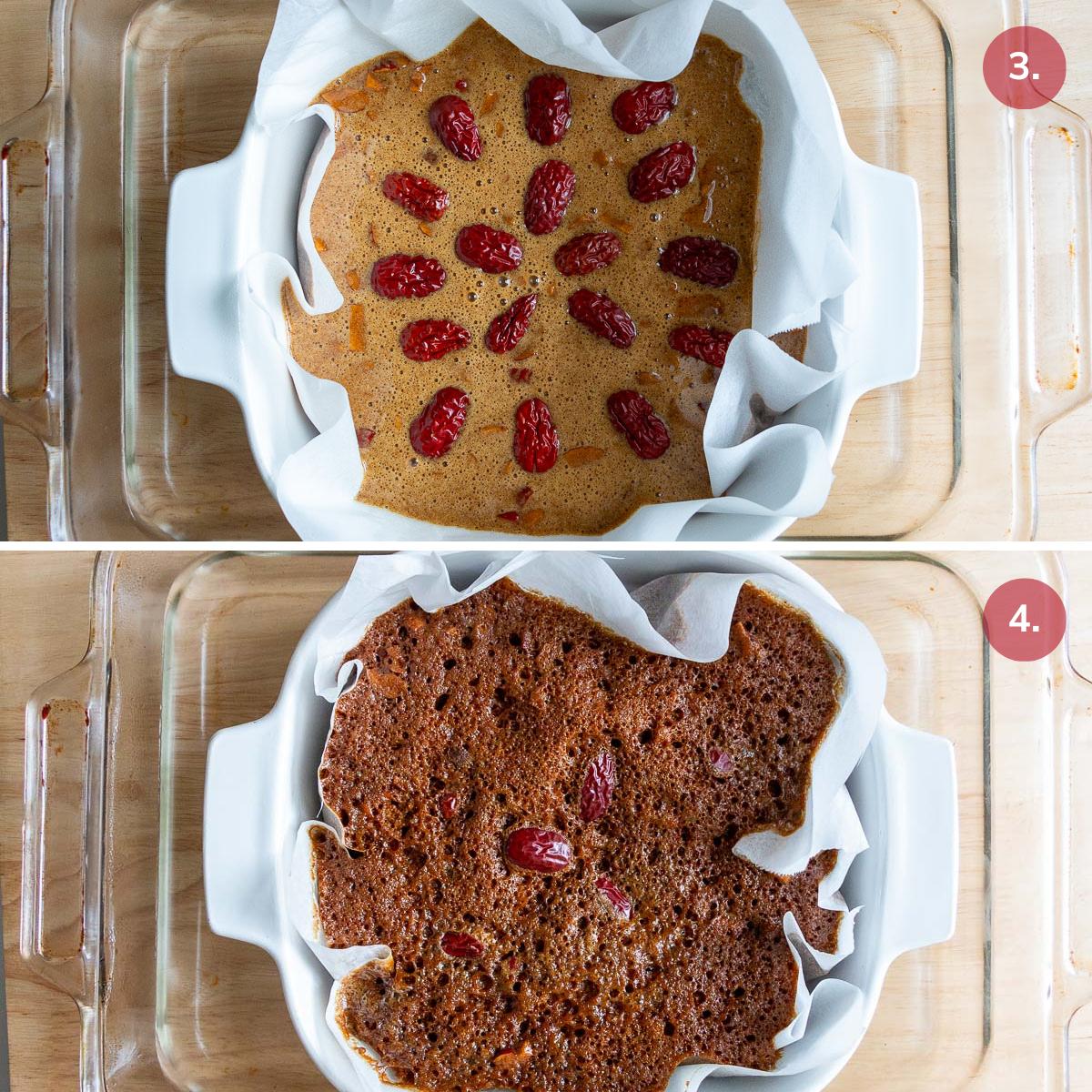 Gingerbread batter in a smaller 8 x 8 dish and then placed into a 9 x 13 pan with boiling water- showing before and after bread is done steaming in microwave. 