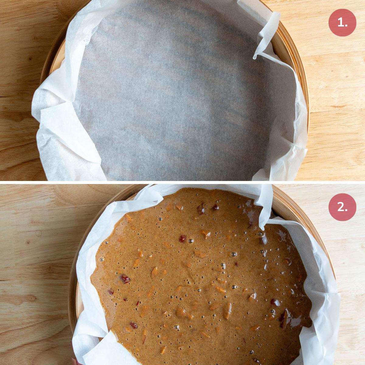 Lining a bamboo steamer with parchment paper and adding the steamed bread batter right into the basket. 