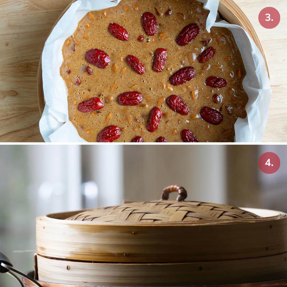 Garnish the gingerbread with red dates and steaming in bamboo basket. 