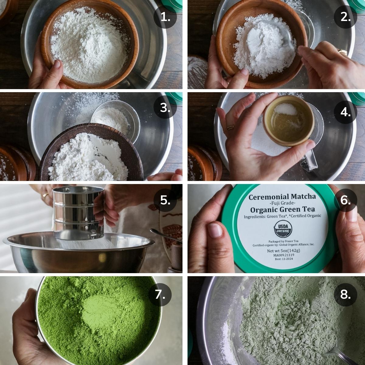 Sifting the dry ingredients into a metal bowl.